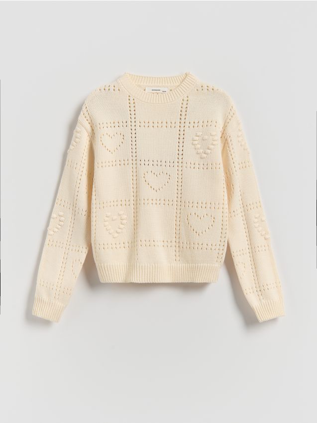 Reserved - Sweter z ażurowym wzorem - złamana biel