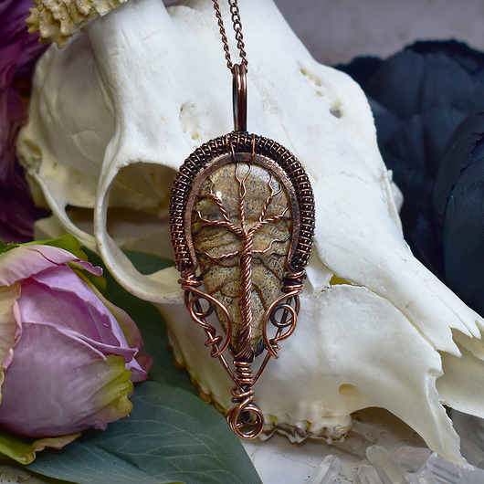 Miedziany wisiorek wire wrapping z jaspisem obrazkowym - drzewo życia