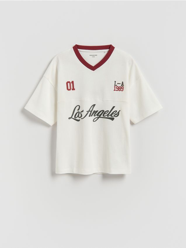 Reserved - Bawełniany t-shirt - złamana biel