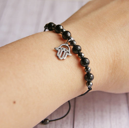 WYSYŁKA 24h - OCHRONNA bransoletka - czarny turmalin, hamsa - czarny sznurek