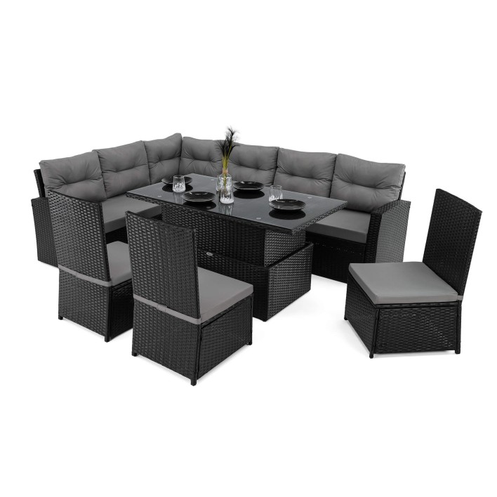 Zestaw mebli ogrodowych dla 9 osób TOKIO Technorattan Czarny Poduszki szare