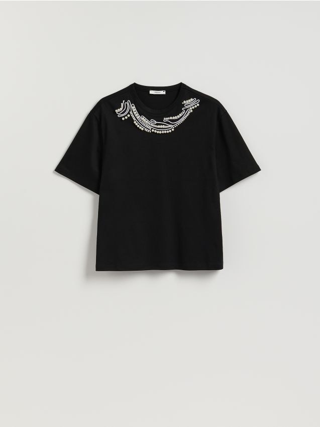 Reserved - T-shirt z imitacją pereł - czarny