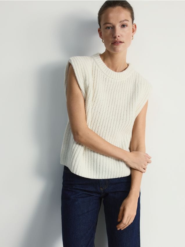 Reserved - Dzianinowa kamizelka z wełną - kremowy