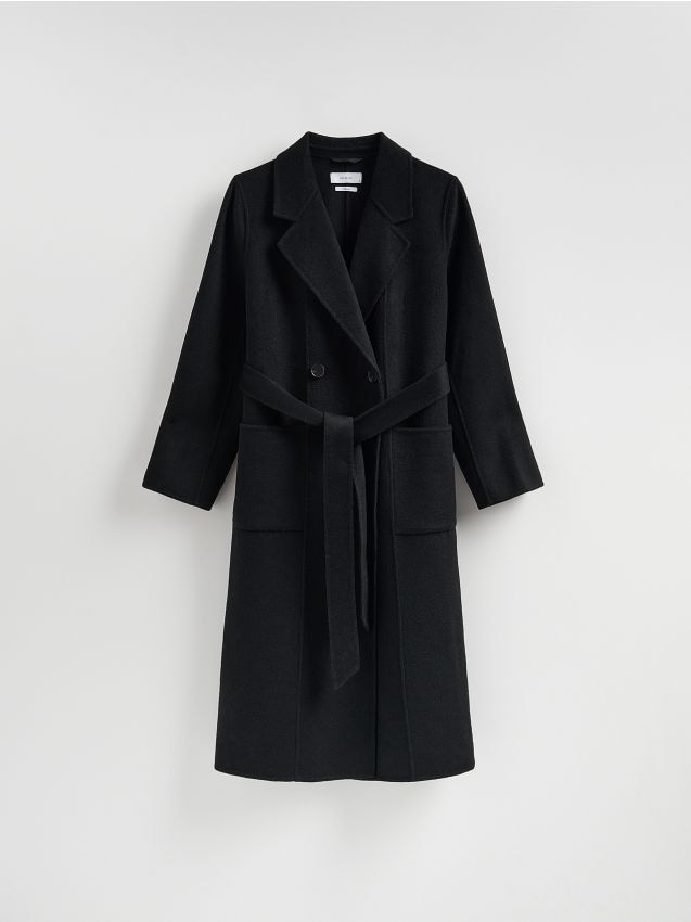Reserved - Dwurzędowy płaszcz z wełną - czarny