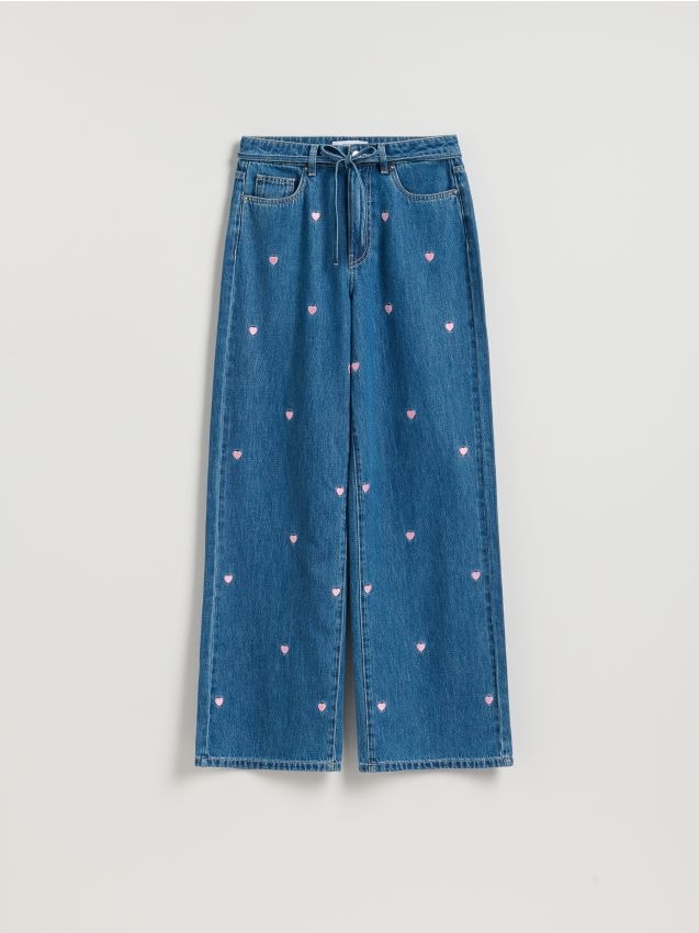 Reserved - Jeansy wide leg z haftem - niebieski
