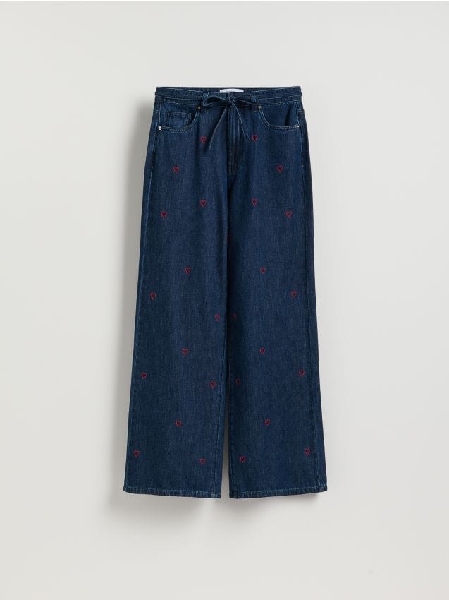 Reserved - Jeansy wide leg z haftem - granatowy