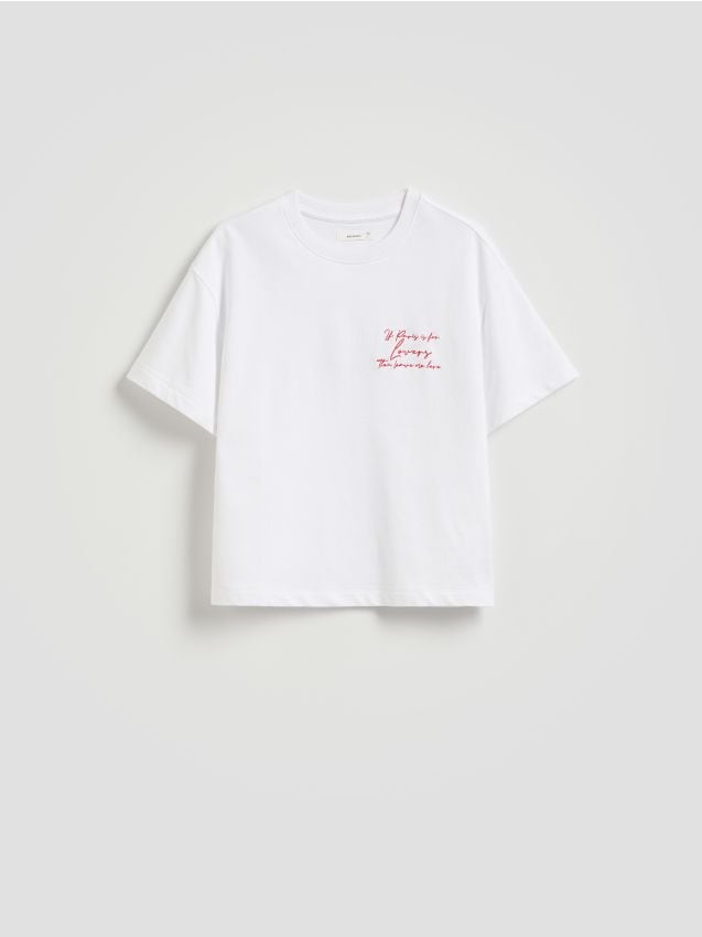 Reserved - T-shirt w paski z nadrukiem - złamana biel