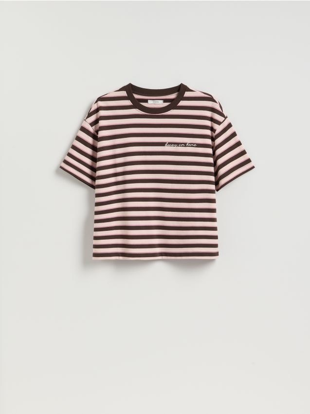 Reserved - T-shirt w paski z nadrukiem - pastelowy róż