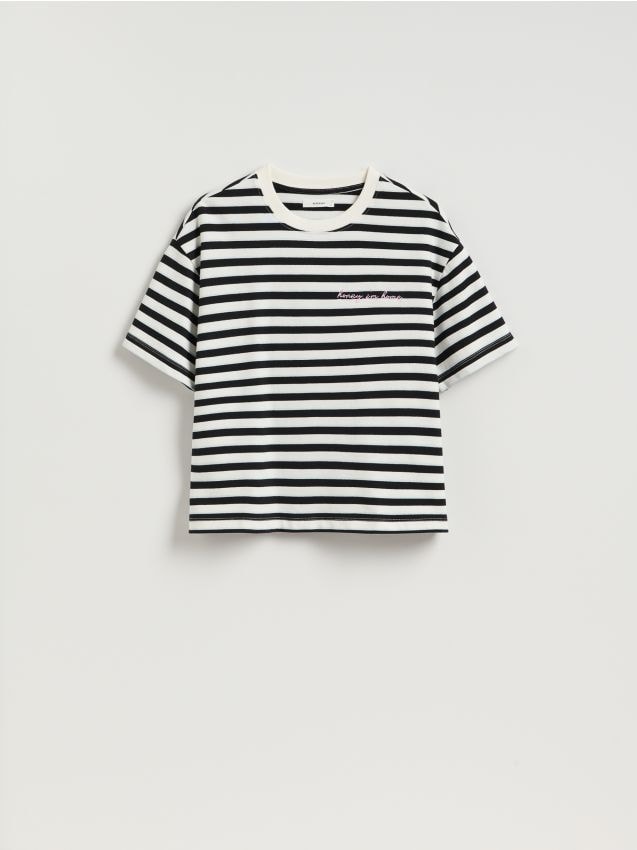 Reserved - T-shirt w paski z nadrukiem - wielobarwny