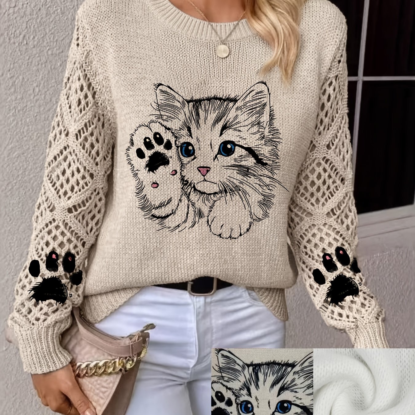 TEMU Sweter z Długim Rękawem i Okrągłym Dekoltem z Wzorem Kotiej Łapy, Casualowy Styl, Niekurczący się, Odporny na Farby, Średniej Grubości. Idealny