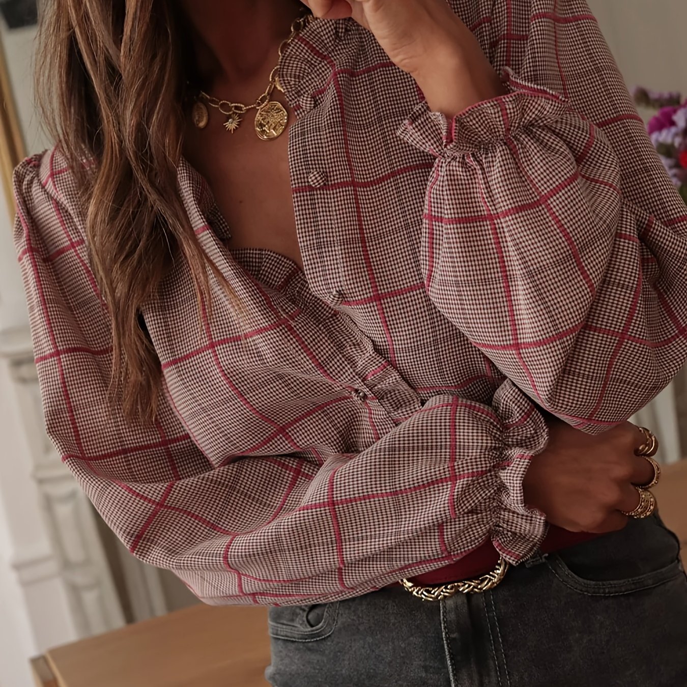 TEMU Koszula Damska w Kratę z Falbanką na Kołnierzu, Długi Rękaw, Idealna na Styl Casual