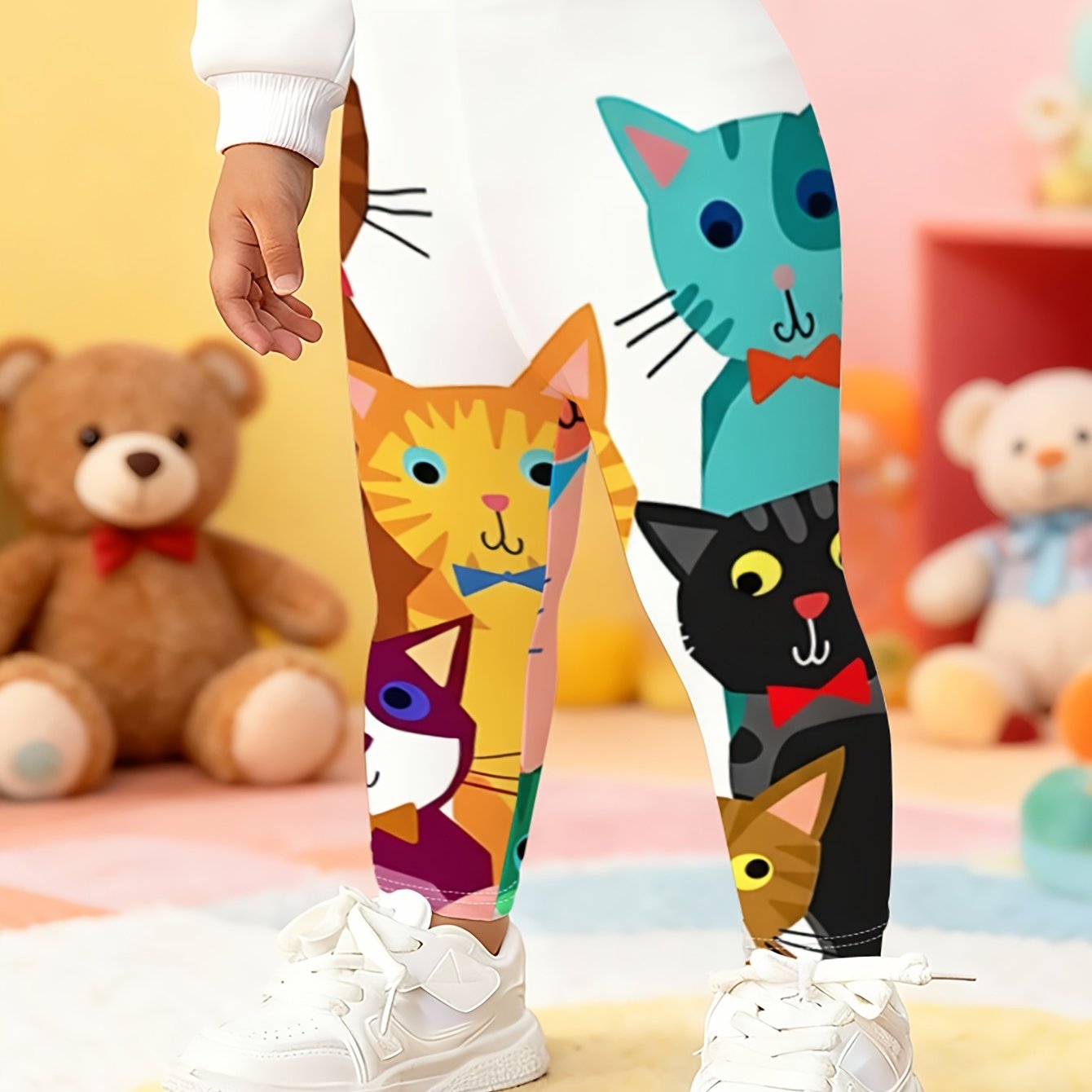 TEMU Legginsy dla dziewczynek z uroczym nadrukiem kota - Miękkie, elastyczne, obcisłe spodnie z kolorowym kotem i kwiatowym wzorem, całoroczna odzież