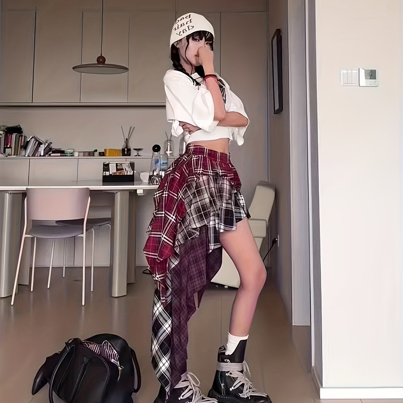 TEMU Spódnica asymetryczna w kratę w stylu vintage, długość regularna, bez paska, 1305 Design, idealna na każdą porę roku