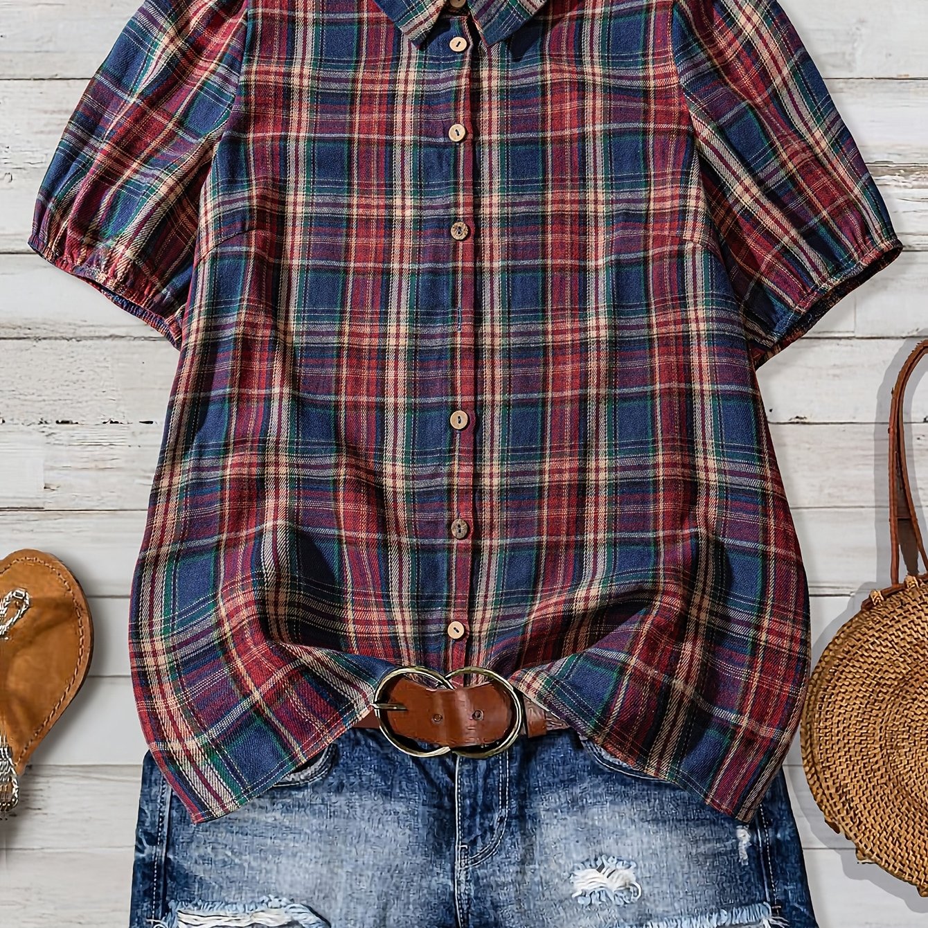 TEMU Elegancka Damska Koszula w Kratę z Krótkim Rękawem typu Bubble Kołnierzyk z Klapami, Detale z Guzikami, Nadruk na Każdy Sezon