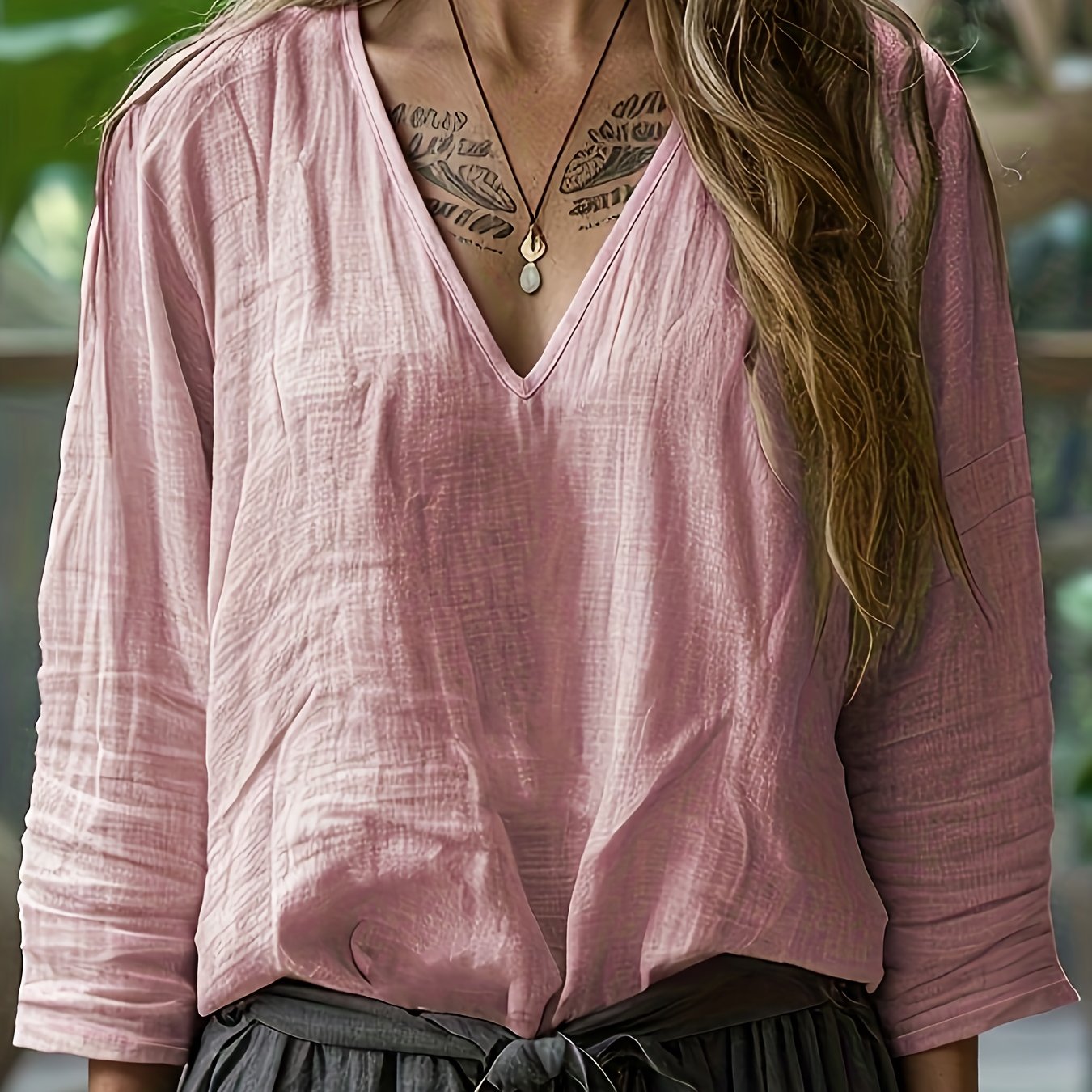 TEMU Elegancka, łatwa w noszeniu koszula lniana w jednolitym kolorze z długim rękawem i dekoltem w serek Luźny krój, idealna na wiosnę/jesień