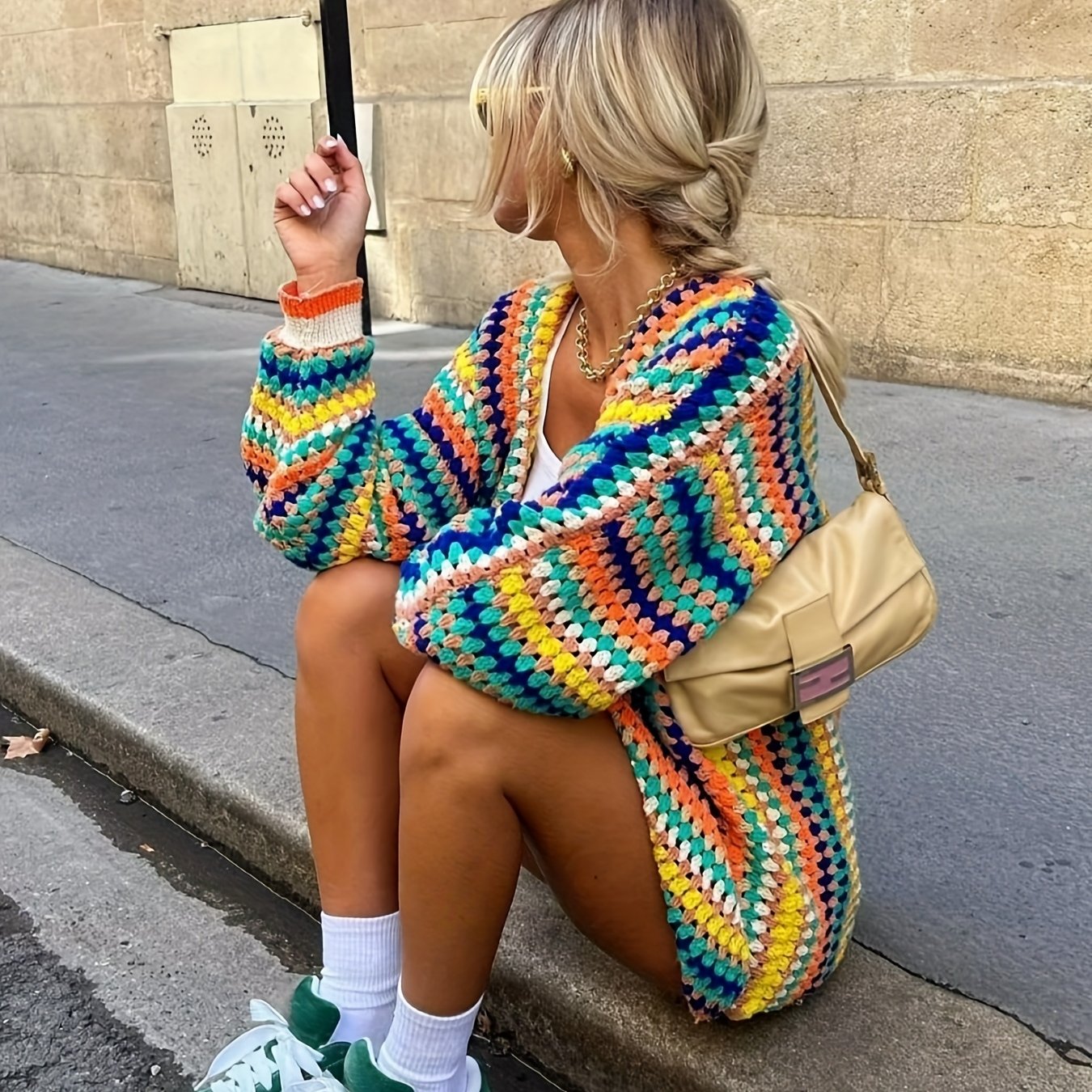 TEMU ZJ0922002 Damski Oversize'owy Miękki Kardigan, Wielokolorowy Pasiasy Sweter z Długim Rękawem i Falbankami, Boho Płaszcz Jesienny