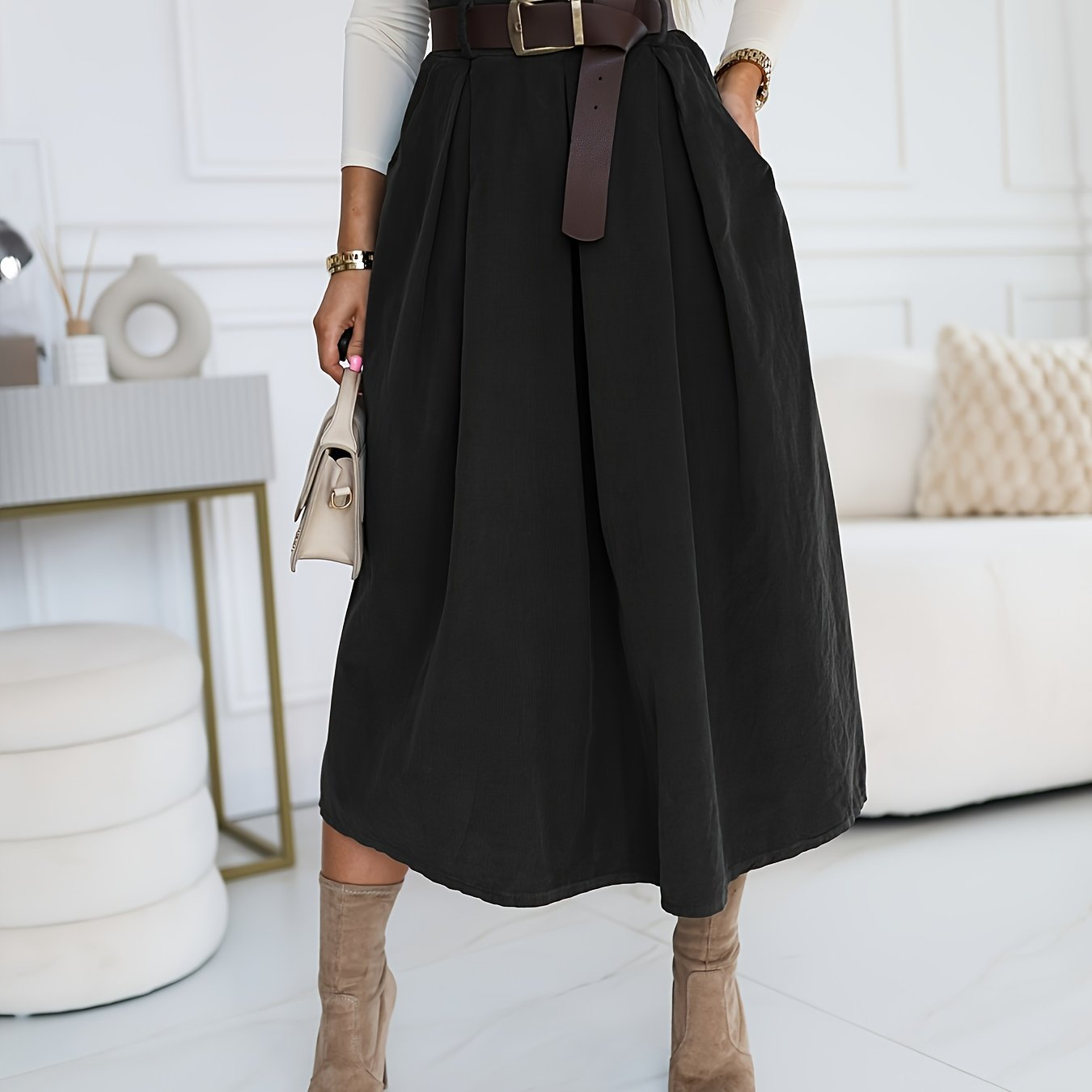 TEMU Elegancka 'owa Spódnica A-Line z Szerokim Pasem dla Kobiet - Spódnica Parasolka z Ukośną Kieszenią, Jednokolorowa, Długość na Wiosnę, i Jesień,