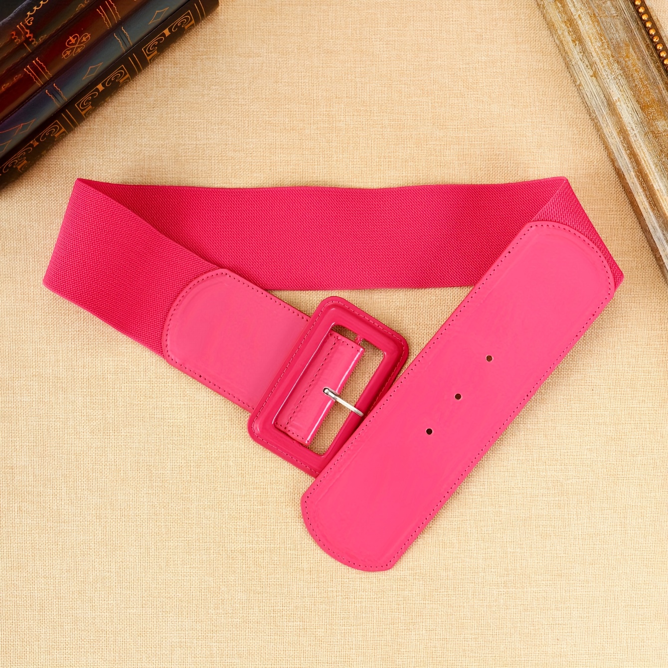 TEMU 1 szt. Przyciągający Wzrok Różowo-Czerwony Szeroki Pasek na Codzień/Modny Elastyczny Pasek Damski z Wstawkami, Bestsellerowy Pas Wyszczuplający