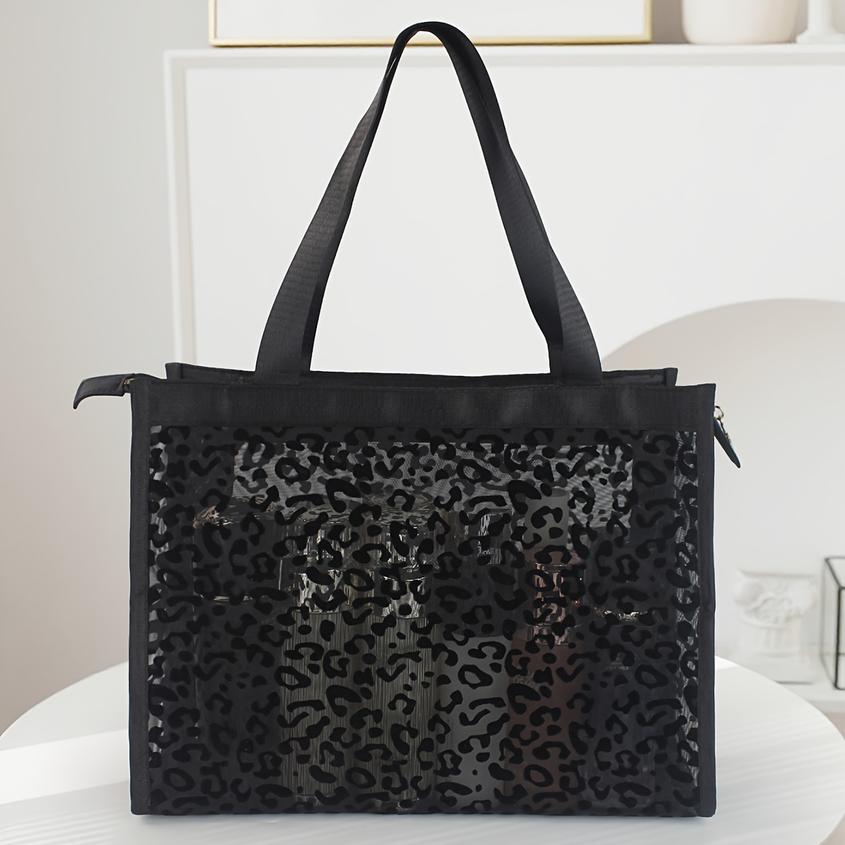 TEMU Torba Tote Damska i Uniseks - Wzór Leopard, Zamek Błyskawiczny, Przestronna do Podróży, Siłowni, Zakupów - Wytrzymała Torba z Poliestru z