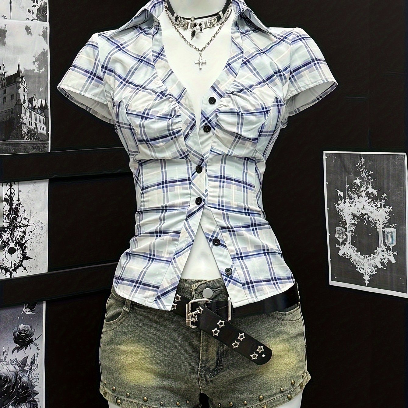 TEMU Koszula Damska z Krótkim Rękawem w Plisowane Paski i Wzór Patchwork - Letni