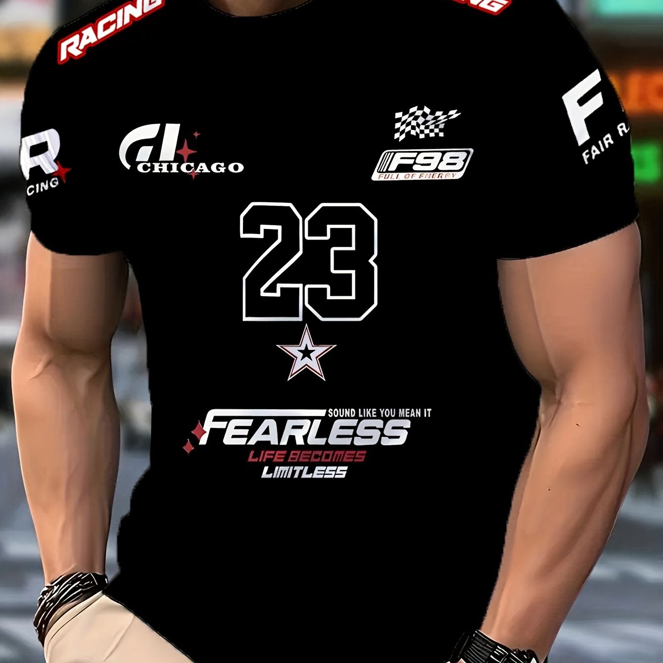 TEMU Męska koszulka z nadrukiem „Fearless” do jazdy na rowerze - Biała, casualowa koszulka z krótkim rękawem i okrągłym dekoltem z nadrukiem „23”,