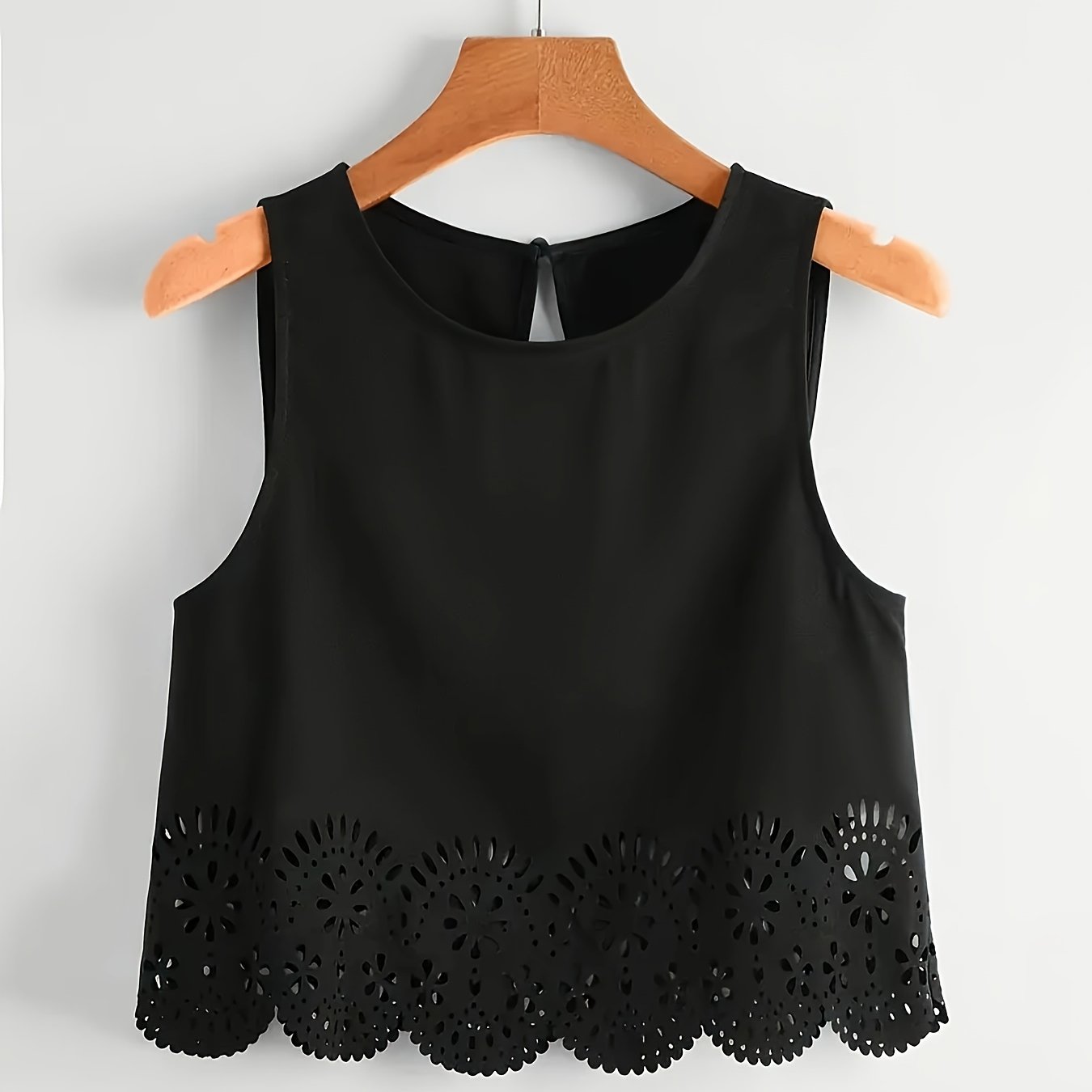 TEMU Stylowy top damski na co dzień, koszula bez rękawów w kwiaty, okrągły dekolt, falbanki, laserowo przycięte brzegi, jednolity , idealny na