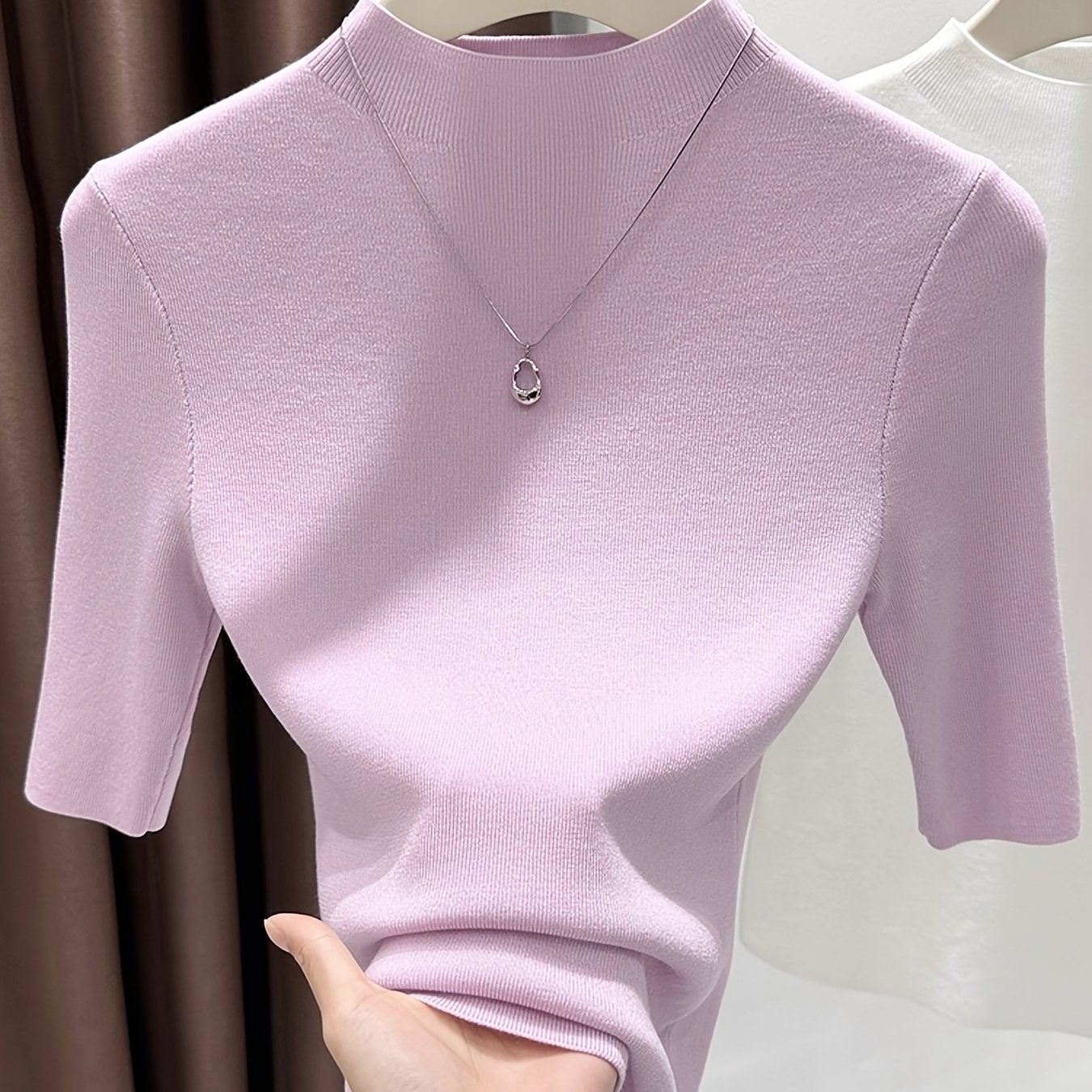 TEMU koszulka damska na wiosnę i jesień 2025, przyjazna dla skóry, z krótkim rękawem i dekoltem, dopasowana, cienka, elegancka bluzka o średniej