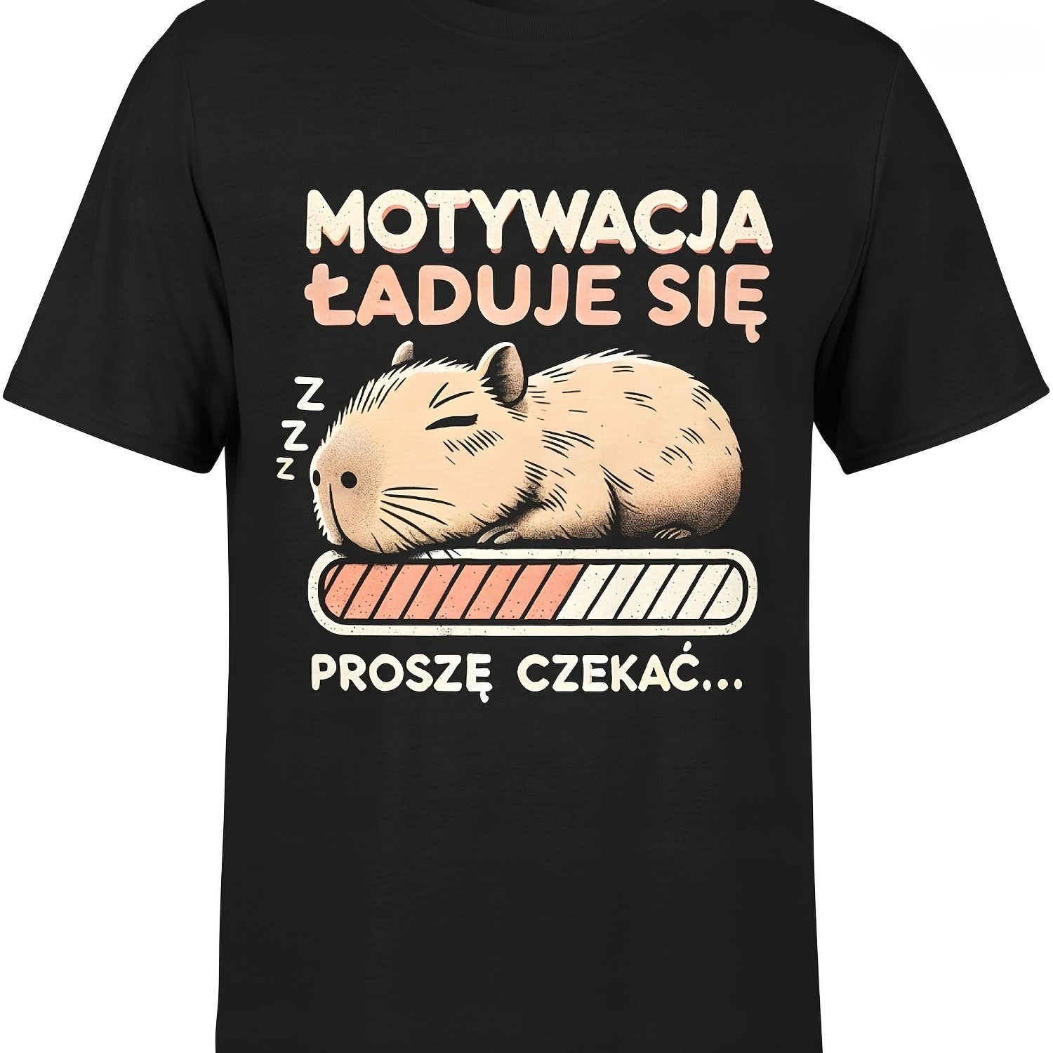 TEMU Zabawny męski T-shirt z grafiką kapibary w stylu vintage Śpiąca kapibara i humorystyczny polski nadruk tekstowy, okrągły dekolt, styl casual,