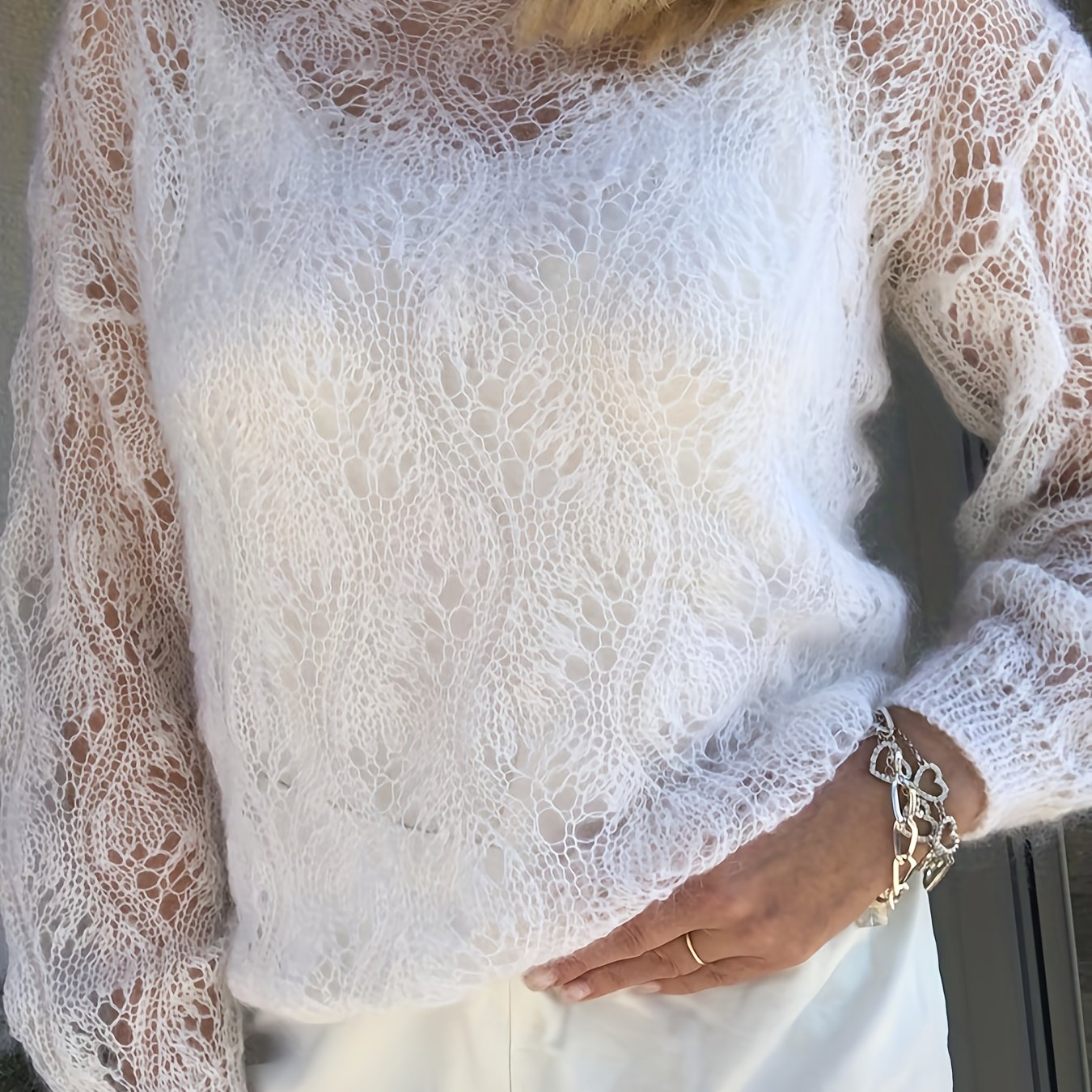 TEMU Damski sweter w jednolitym kolorze, elegancki okrągły dekolt, miękki i wygodny, z wycięciami w stylu bohemy, na co dzień, uniwersalny pulower na