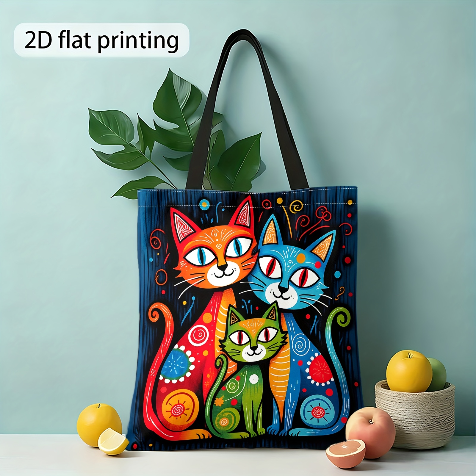 TEMU Prezent na Święta: Torba Tote z Nadrukiem 2D, Kolorowy Wzór Kota, Wielorazowa Torba na Zakupy, Damska Torba na Ramię i Tote