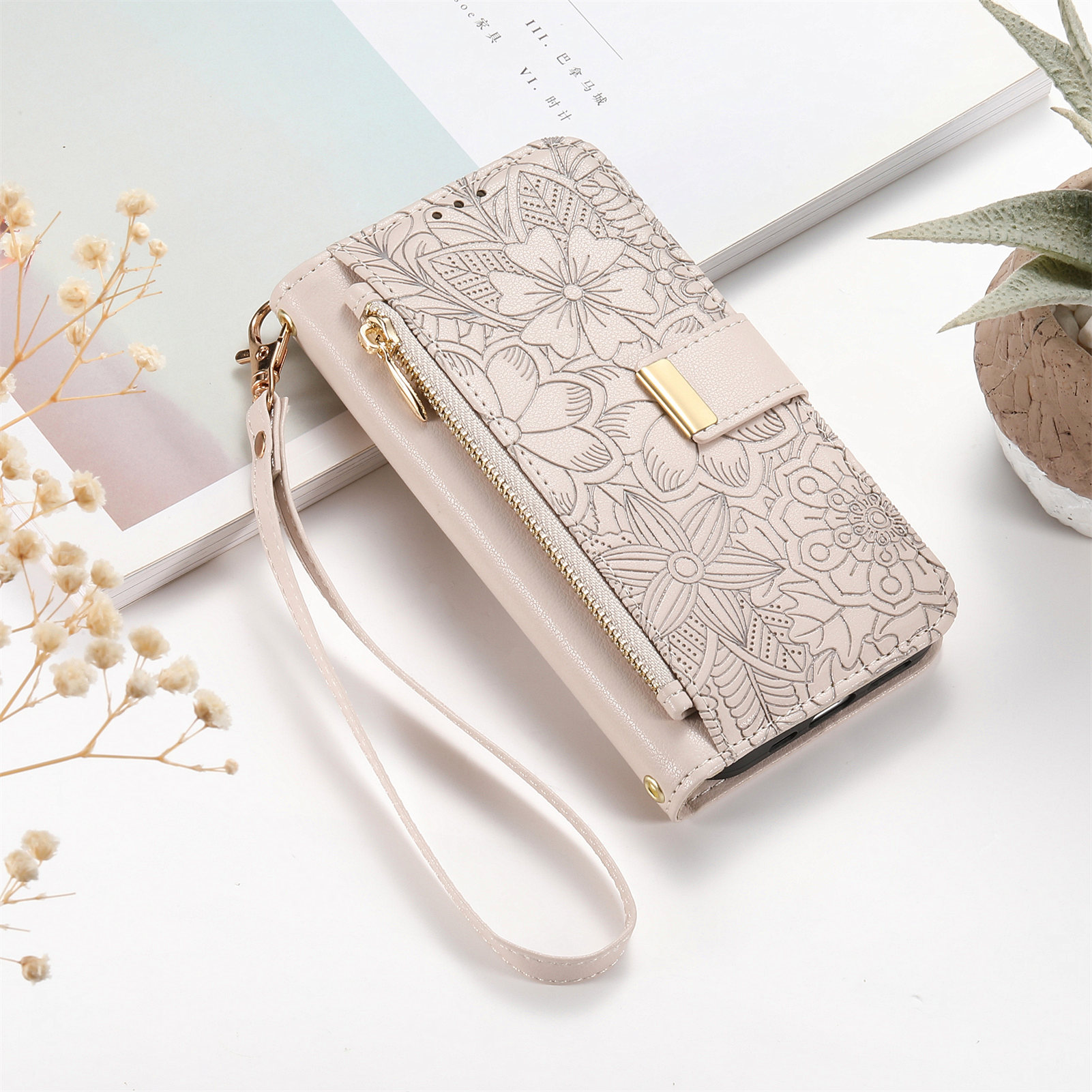 TEMU Etui na telefon - Off-White Kwiatowy i Liściasty Zamek Kreatywny Mały Design Portfel Modne Etui na Telefon High-End z Kieszeniami na Monety i