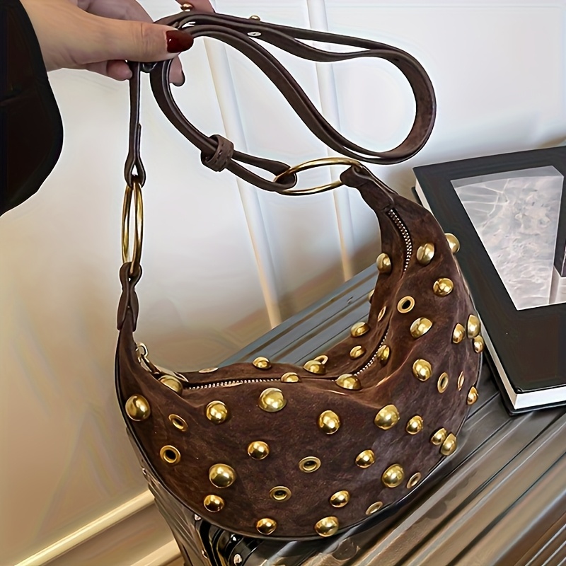 TEMU H7 Punkowy Styl Retro Czarna Torba na Ramię z Złotymi Elementami, Regulowany Pasek i Zamek Błyskawiczny - Torba Steam Punk, Trwała na Casual i