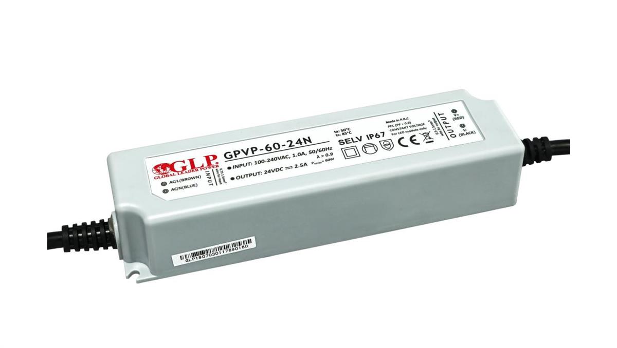 GPVP-60-24N Zasilacz do LED 60W 24V 2.5A, filtr PFC IP67 podwójna izolacja przewodów