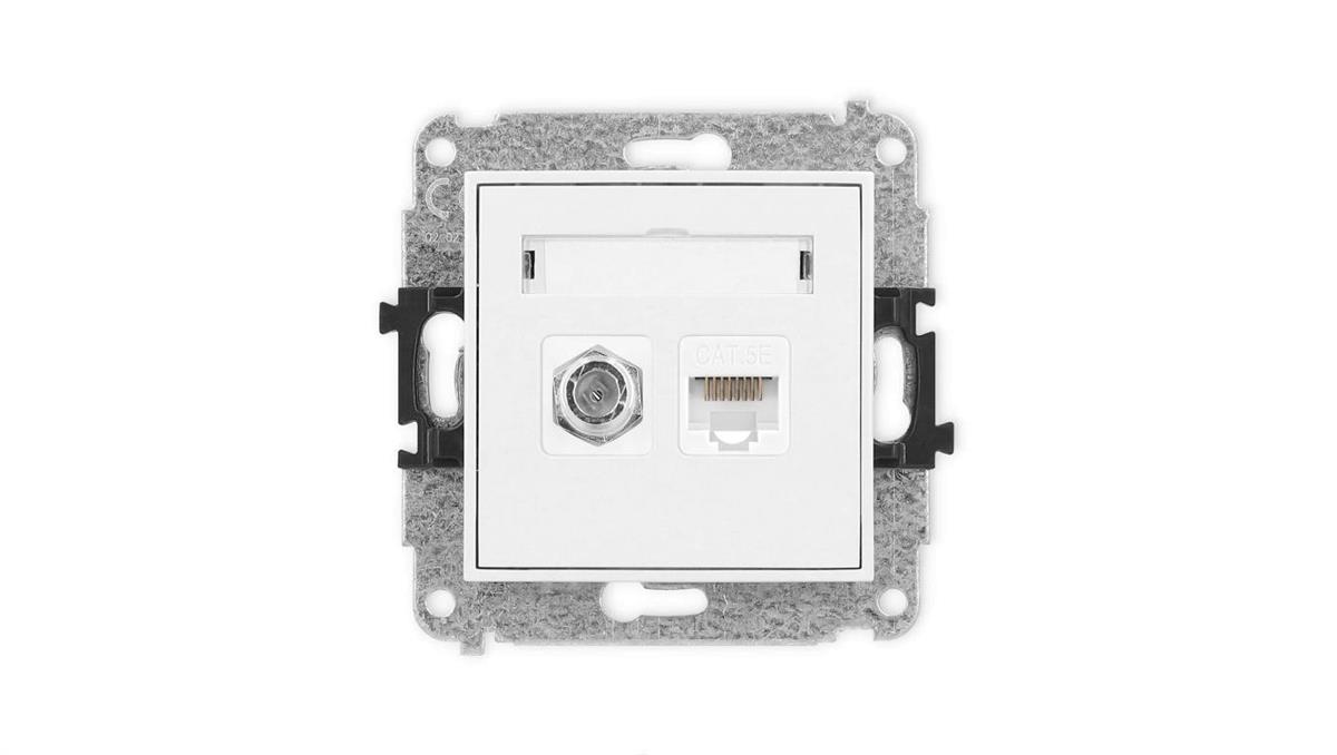 MINI Mechanizm gniazda antenowego poj. typu F (SAT) + gniazda komp. poj. 1xRJ45, kat. 5e, 8-stykowy biały mat 25MGFK-1