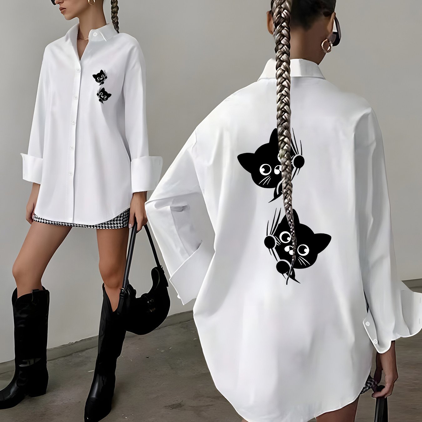 TEMU Bluzka Damska Elegancka z Długim Rękawem - Biała Koszula z Czarnym Kotem, Klasyczna Zapinka na Guziki, Wszechsezonowa Bluzka do Biura i na