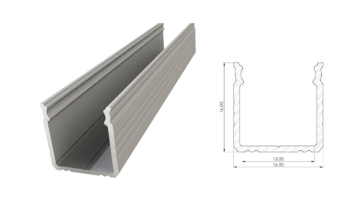 Profil ALU nawierzchniowy 16mm, Anodowany srebrny, dł 3000mm, max szer tasmy 12mm