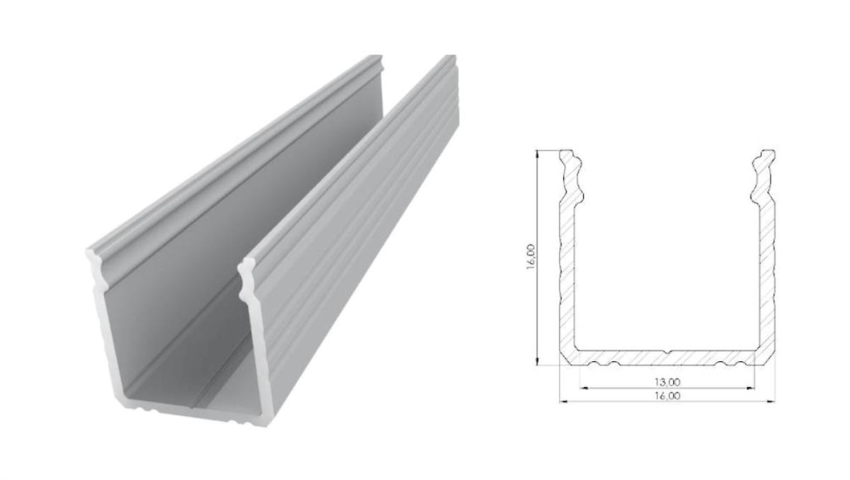 Profil ALU nawierzchniowy 16mm, surowy, dł 3000mm, max szer taśmy 12mm