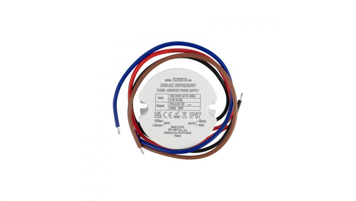 Zasilacz do puszki fi60 0,8A 20W 24V IP67 50x50x22