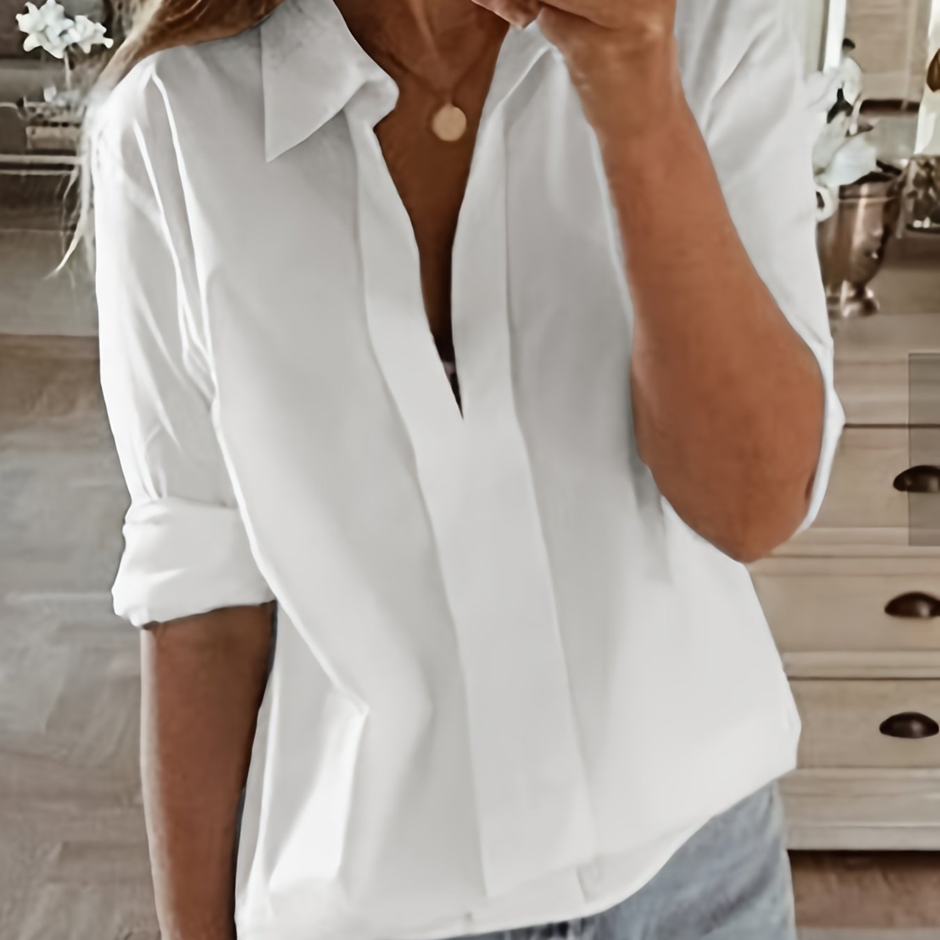 TEMU Elegancka biała koszula damska z długim rękawem zapinana na guziki z kołnierzykiem - Casualowa, szykowna bluzka w jednolitym kolorze na
