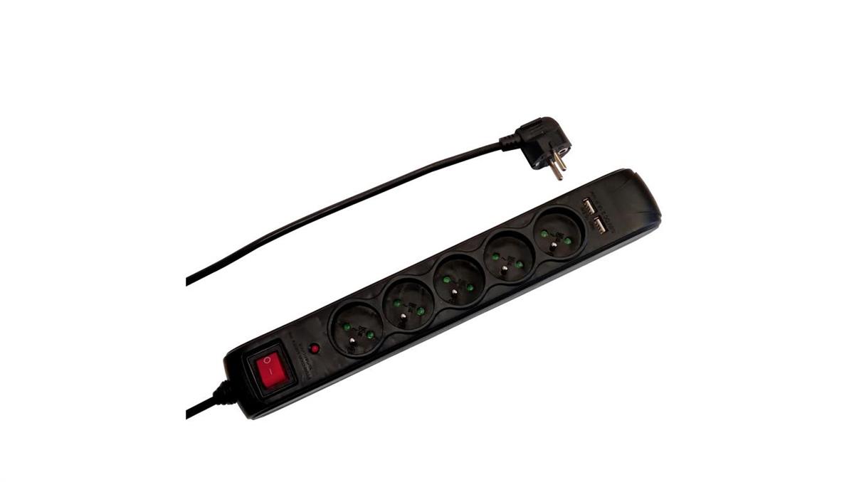 DUWI INTERNATIONAL Przedłużacz 5-gniazdowy, +2xUSB 1,4m czarny, z filtrem przepięciowym, z wyłącznikiem, 3x1,0mm OWY / 34106