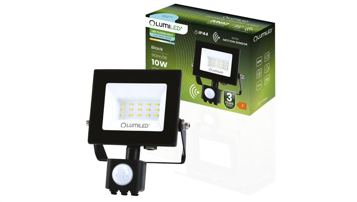 LUMILED Naświetlacz LED ZUNA2 10W 900lm 6500K IP44 Czarny Czujnik Ruchu