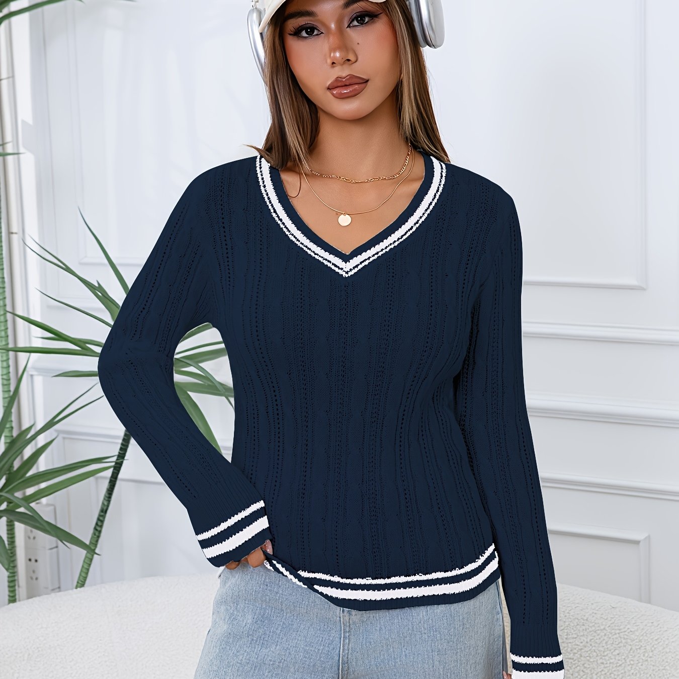 TEMU Elegancki sweter damski w stylu directional, idealny na jesień i zimę, z dekoltem w serek, w b kolorów, casualowy, streetwearowy i uniwersalny.