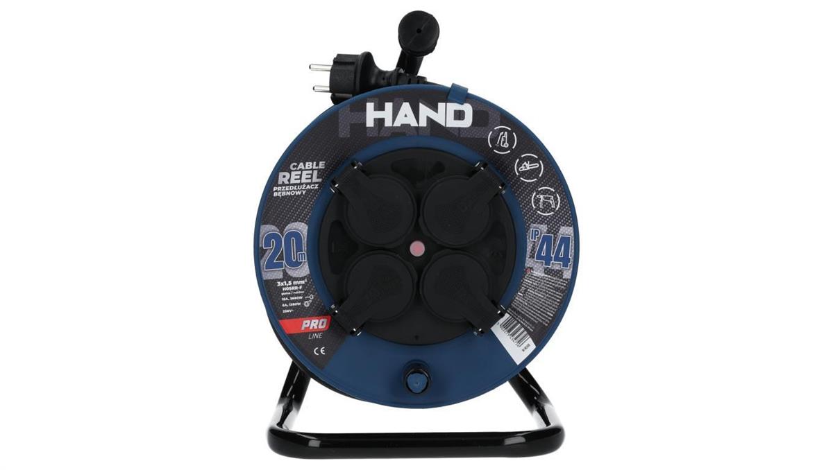 PLASTROL Przedłużacz budowlany zwijany na bębnie Rozgałęźnik na 4 gniazda 2P+Z 230V IP44 na kablu OW 3x1,5mm2 20m HAND