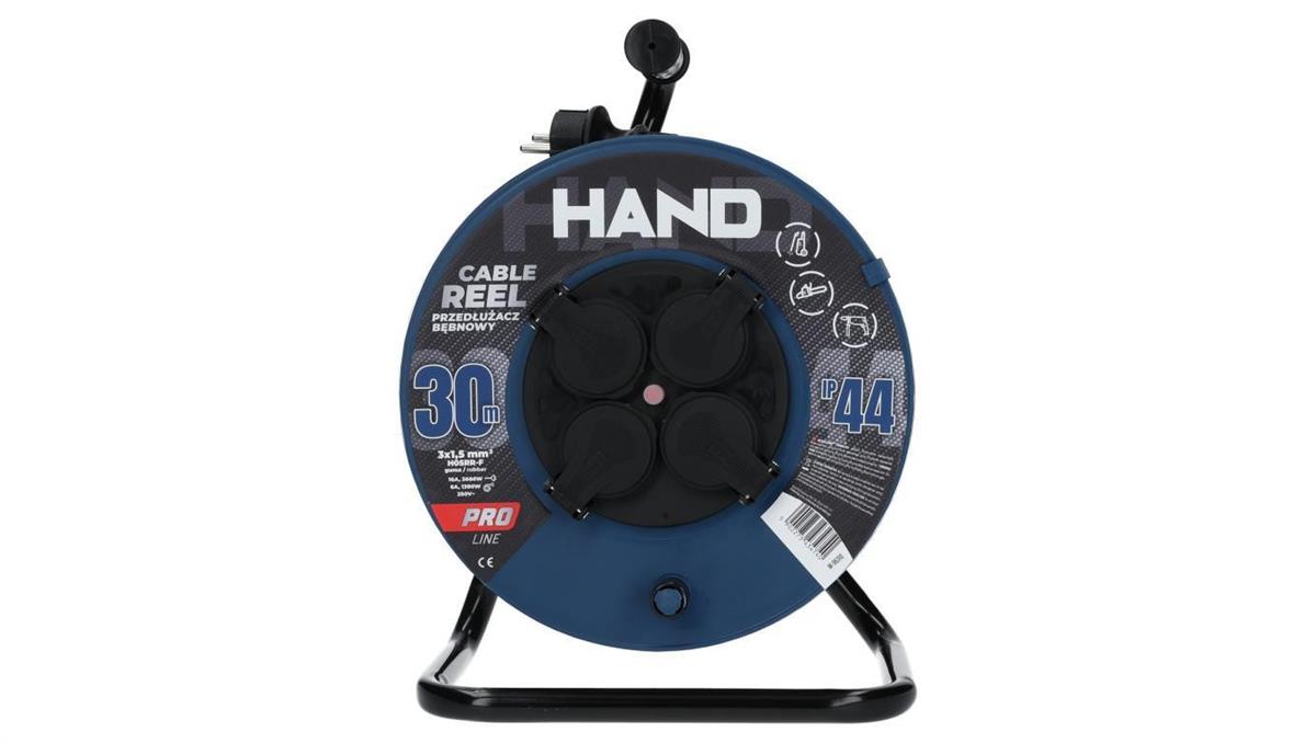 PLASTROL Przedłużacz budowlany zwijany na bębnie Rozgałęźnik na 4 gniazda 2P+Z 230V IP44 na kablu OW 3x1,5mm2 30m HAND