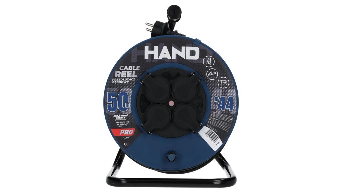 PLASTROL Przedłużacz budowlany zwijany na bębnie Rozgałęźnik na 4 gniazda 2P+Z 230V IP44 na kablu OW 3x1,5mm2 50m HAND