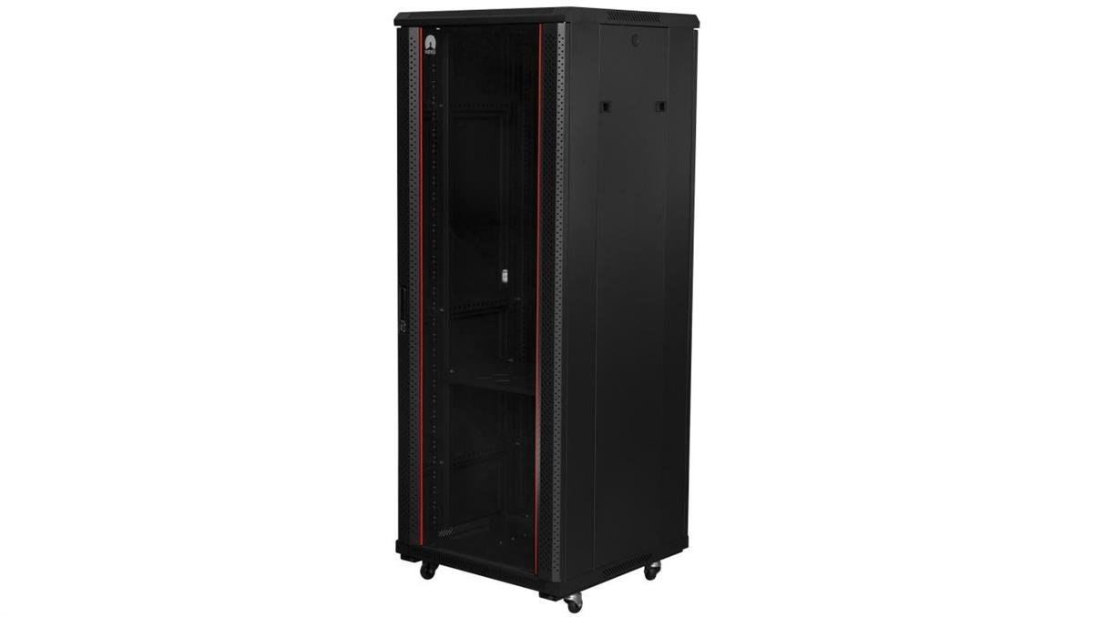 Szafa stojąca RACK 19 27U 600x800mm drzwi szklane czarna NEKU FLR + wyposażenie