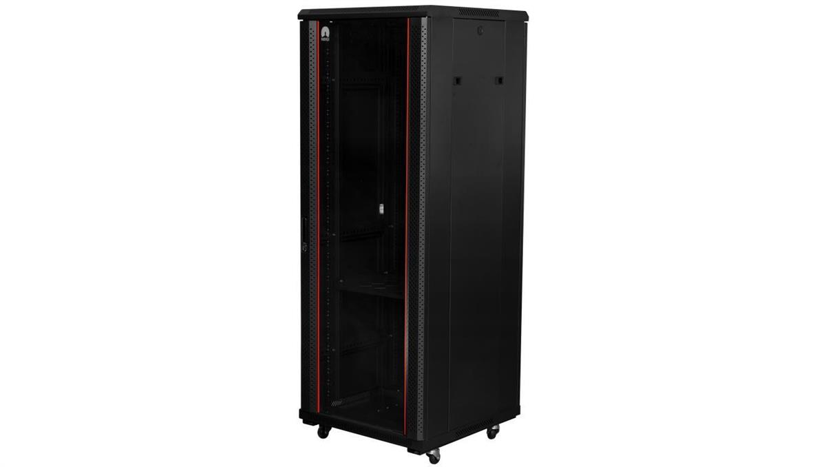 Szafa stojąca RACK 19 27U 600x600mm drzwi szklane czarna NEKU FLR + wyposażenie