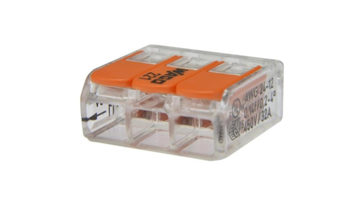 Wago SzybkoZłączka 3x 0,2-4,0mm2 uniwersalna (na drut / na linkę) 450V/32A ORYGINALNA woreczek 10szt. 221-413