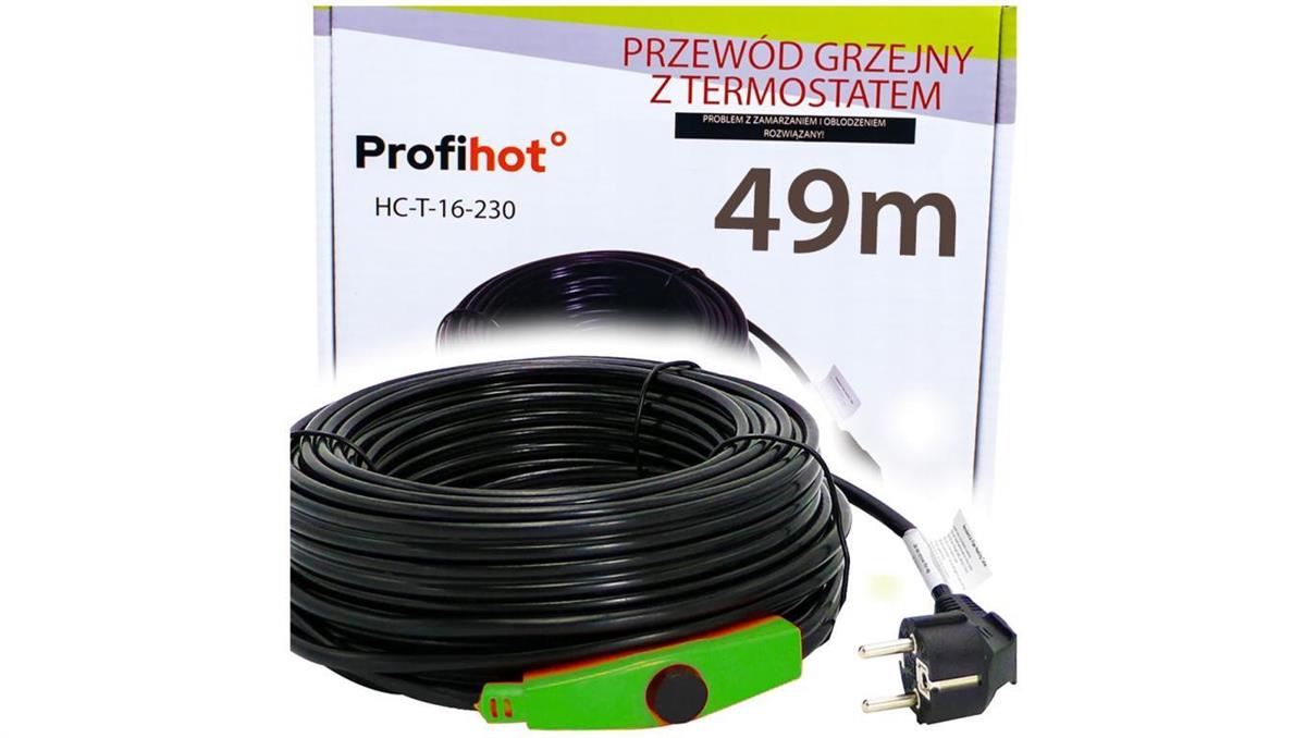 PROFIHOT Kabel grzewczy, przewód grzejny z termostatem do rynny, rur 230V 784W 49M