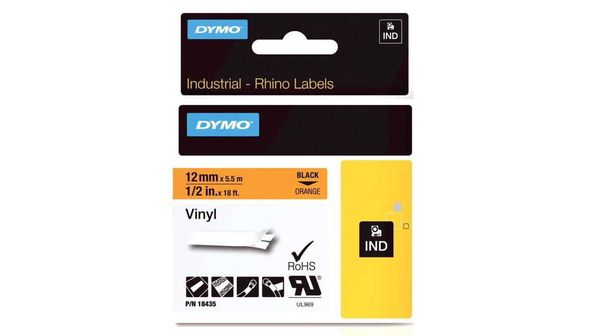 Taśma winylowa do drukarek 12mm x 5,5m czarna na pomarańczowym S0718490 18435